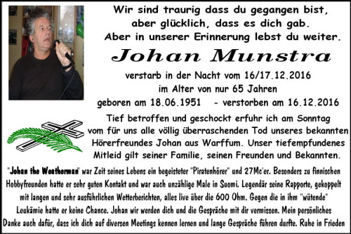 Todesanzeige Johan Munstra